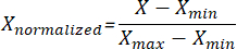 Normalization formula equation, data pre-processing, Xmin, Xmax, standardization, statistical method.