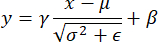 Batch normalization formula: y=γ(x−μ)/√(σ²+ε)+β, equation for neural network layer normalization.