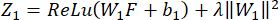 figure-protocol-25 Neural network equation, ReLU function, Z1=ReLU(W1F+b1)+λ||W1||², formula illustration.