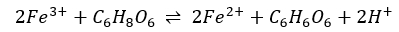 Redox equation for iron and ascorbic acid in chemical reaction, shown as chemical formula.