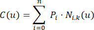 B-spline curve equation: C(u)=∑(Pi*Ni,k(u)), mathematical formula for curve modeling.