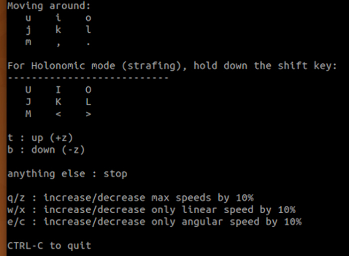 figure-results-3 Holonomic robot control keys, movement instructions; speed adjustments, angular and linear dynamics.