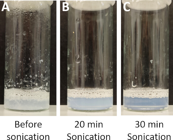 figure-results-2 Sonication process: three glass vials; time-lapse effect on sediment after 0, 20, 30 mins.