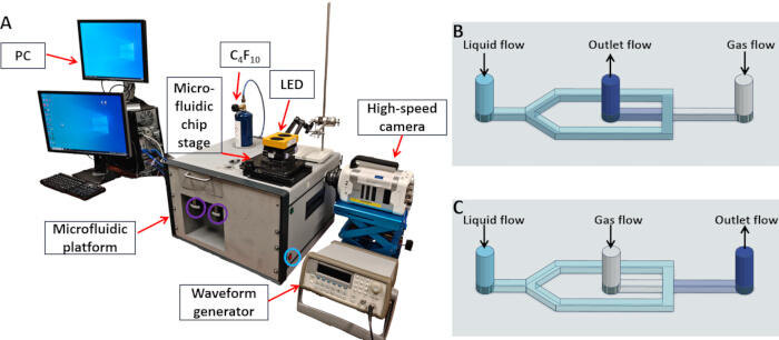 figure-results-3 Microfluidic platform setup with high-speed camera; diagram illustrating liquid and gas flow channels.