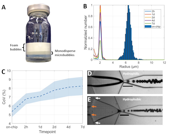 figure-results-5 Microbubble generation; size distribution graph, stability chart, hydrophilic vs hydrophobic flow.