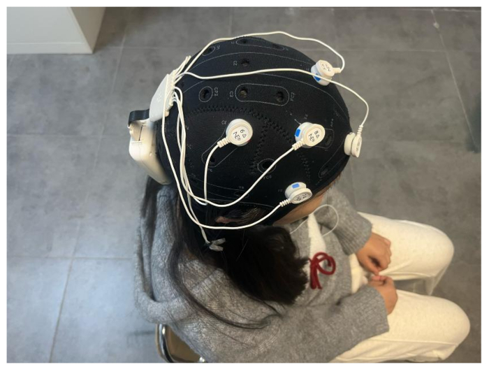 EEG cap setup for brainwave monitoring in neuroscience experiment, top view of participant.