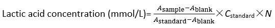 Lactic acid concentration formula, absorbance equation for biochemical quantification.