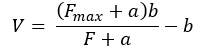 Chemical kinetics formula, V=((Fmax+a)b)/(F+a)-b, describing reaction rate calculations.