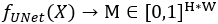 UNet function equation, f_UNet(X) → M ∈ [0,1]ᴴᵡᵂ, deep learning model structure diagram.