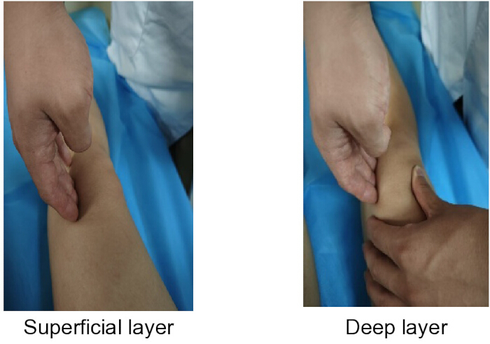 figure-results-5 Palpation technique demonstrating superficial and deep layer assessment in clinical examination.