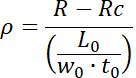 Electrical resistivity formula ρ=(R-Rc)/(L₀/(w₀·t₀)); resistance measurement equation.