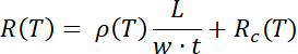 Resistance-temperature equation, R(T)=ρ(T)L/w·t+Rc(T), formula depiction for physics studies.