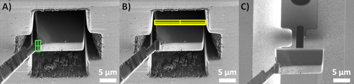 Microscopy analysis of microfabrication process; scanning electron microscope images; scale 5 μm.