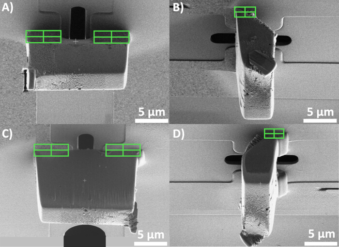 SEM images showing microstructure analysis; scale 5 µm; material stress deformation study.