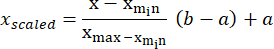 Data normalization formula, x_scaled equation, mathematical expression for scaling data in statistics.