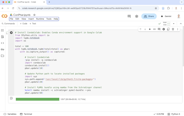 Google Colab Python script for installing Conda and PyMOL, displayed in code editor interface.