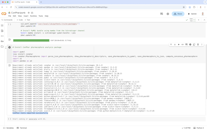 Pharmacophore analysis code setup in Colab, showcasing PyMOL installation and script initialization.