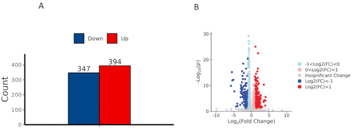 figure-results-1 Gene expression analysis, bar chart (A) and volcano plot (B), showing up/down regulation data.
