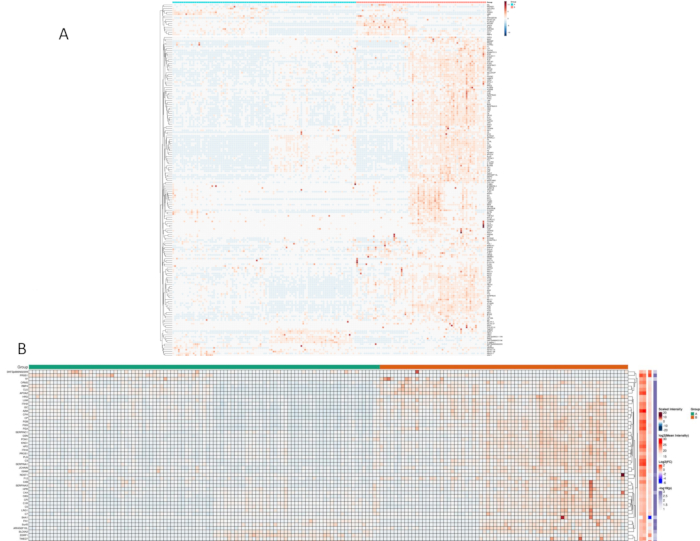 figure-results-2 Heatmap analysis of protein interaction data; includes color-coded expression levels and protein names.