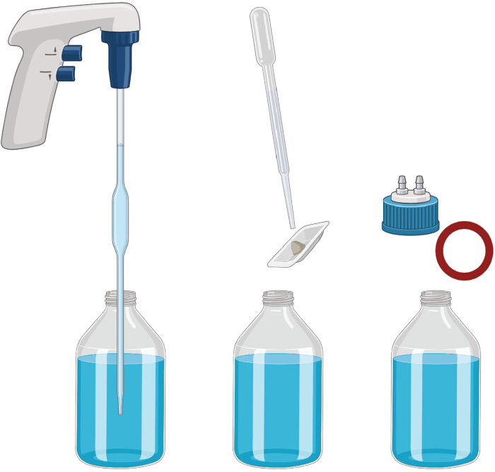 Liquid transfer using a pipette in a laboratory setup for volumetric analysis.