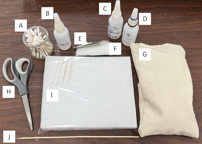 Forensic fiber analysis; experiment supplies include acetone, tweezers, magnifier, fabric samples.