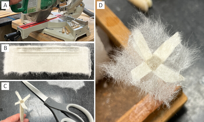 Experimental process of constructing a mechanical device using cutting, assembly, and material testing.