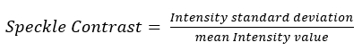 Speckle contrast equation; formula for intensity variation analysis in optical studies.