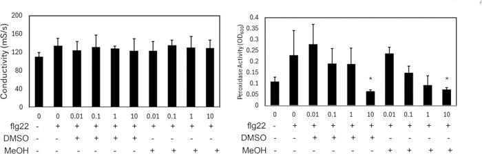 Conductivity and peroxidase activity bar graphs; flg22 effect with DMSO and MeOH variations.