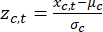Standard score formula, \( Z_{c,t} = \frac{x_{c,t} - \mu_c}{\sigma_c} \), statistics equation.