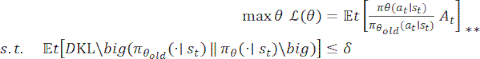 <div lang="en">Optimization equation; max θ, L(θ); includes policy π, constraint DKL; mathematical expression.</div>