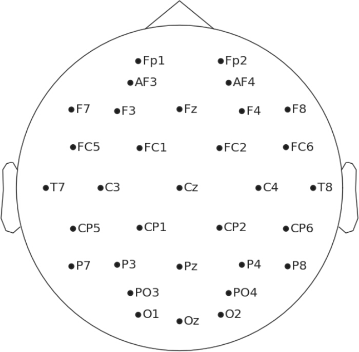 Electrode mapping diagram for EEG setup; electrode positions on scalp for brain activity recording.