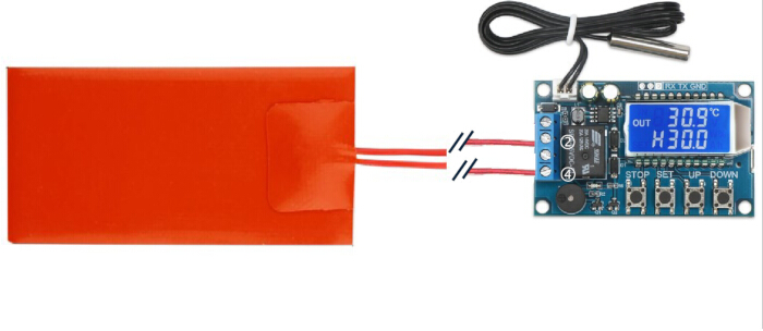 figure-protocol-2 Heating control system diagram; temperature sensor, digital display, and heat pad setup.