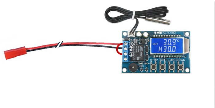 figure-protocol-3 Digital thermometer circuit with probe and display, temperature control setup, electronics diagram.