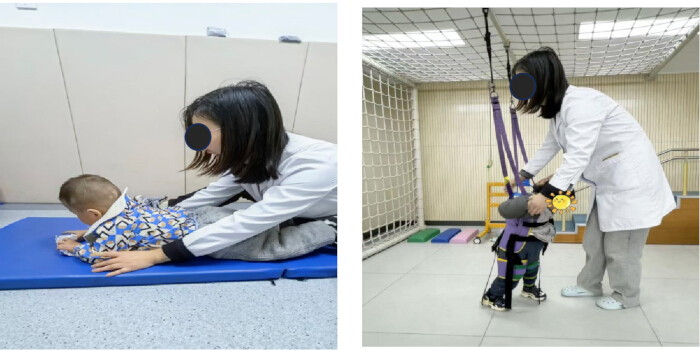Physical therapy exercises with a child, featuring a therapist guiding positioning and balance in a clinical setup.