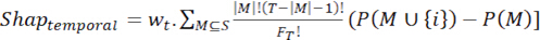 Temporal Shapley value equation, Σ calculation, mathematical formula for statistical analysis.