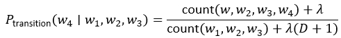 N-gram probability equation, symbols: λ, D; formula used in statistical language modeling.