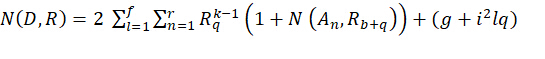 Mathematical equation N(D,R) with summations and variables. Complex formula analysis.