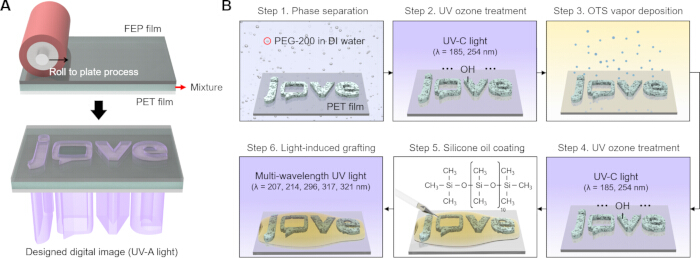 figure-results-1 Roll-to-plate process for digital image patterning; UV-A light on PET film; step-by-step diagram.