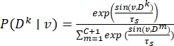 Equation of probabilities in statistical analysis, showing formula: P(D^k | v) with sine function.