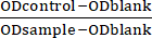Optical density calculation formula, ratio equation for absorbance measurement.