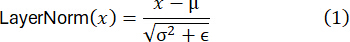 Layer normalization formula, LayerNorm(x) equation showing x minus mu over root sigma squared plus epsilon.