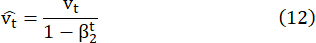 Equation for bias-corrected second moment estimate in Adam optimizer formula.