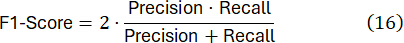 F1-score formula: 2*(Precision*Recall)/(Precision+Recall); equation for evaluating model accuracy.