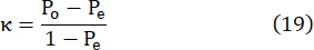 Kappa statistic formula, κ = (Po - Pe)/(1 - Pe), for measuring inter-rater reliability.