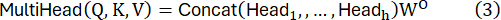 Multi-head attention formula, MultiHead(Q,K,V)=Concat(Head1,...,Headh)Wo, neural network diagram.