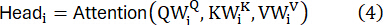 Equation for multi-head attention mechanism, showing input and parameter matrices in AI model.