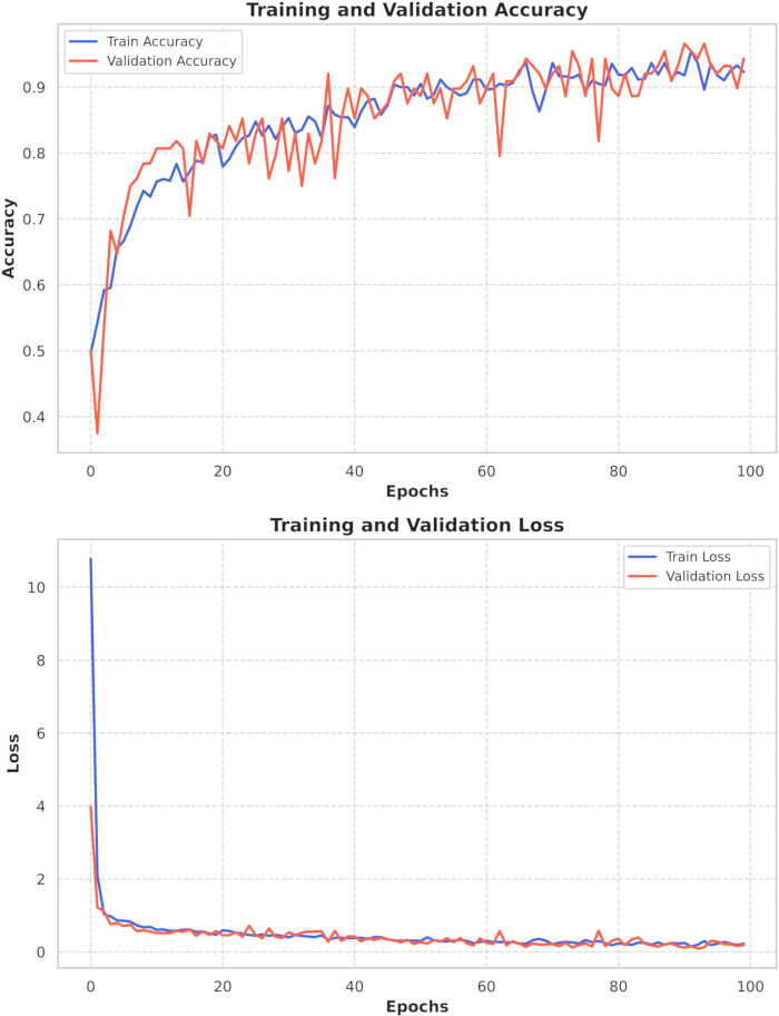 Training-validation chart, showing accuracy, loss trends over epochs, deep learning model evaluation.
