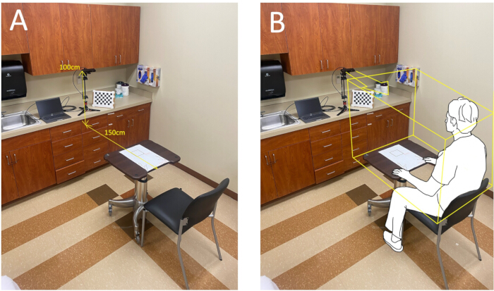 Layout and measurement geometry for ergonomic workspace setup; diagram with labeled dimensions.