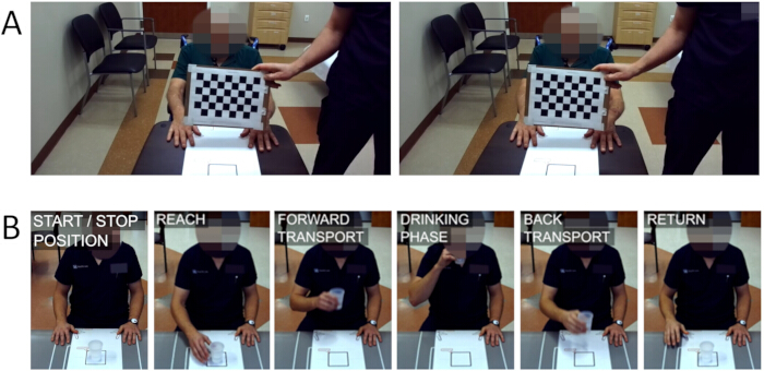 Reaching task analysis; movement phases diagram; motor function assessment, movement sequence study.