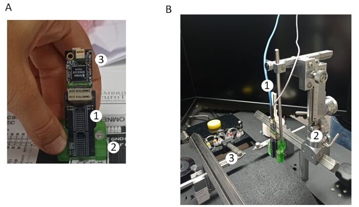 Circuit assembly and measurement setup, spectroscopy equipment for testing and analysis.